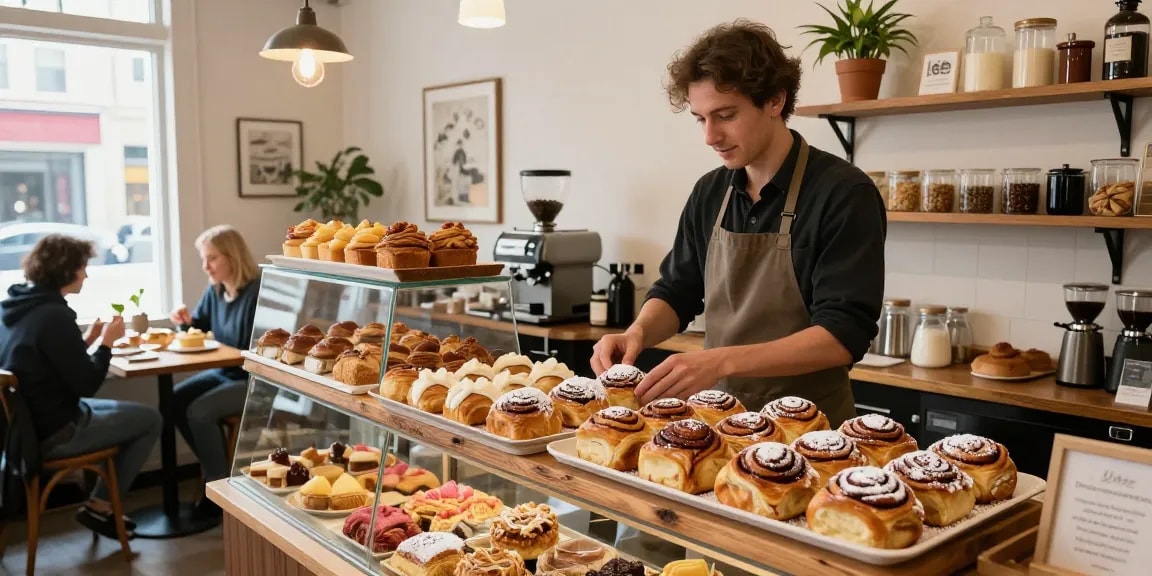 Freshly baked cinnamon buns at a local Bakery Calgary, inviting café atmosphere with warm lighting.