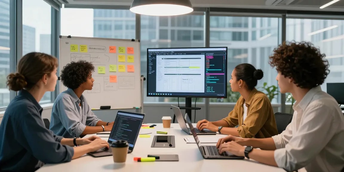 Team collaboration in a modern workspace at WPS Official Website, showcasing software development innovation