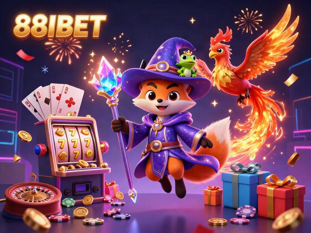 Experience thrilling wins with 88IBET in this magical casino scene, showcasing animated slot machines and enchanting characters.