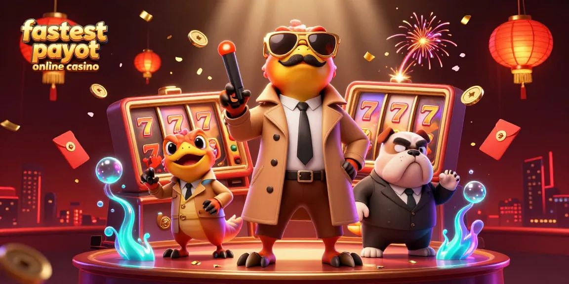 Three raptors in a trench coat entering a fastest payout online casino, with colorful slot elements.