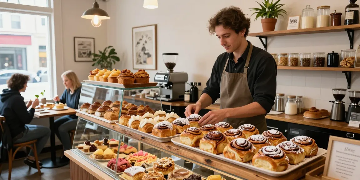 Freshly baked cinnamon buns at a local Bakery Calgary, inviting café atmosphere with warm lighting.