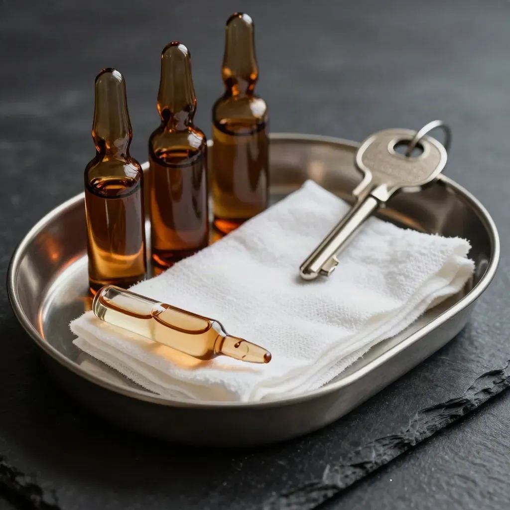 Medicine tray with amber vials, gauze, and an ampoule on dark stone in dramatic light