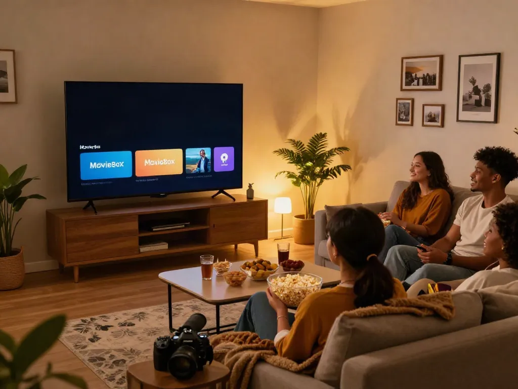 Friends enjoying a movie night with the MovieBox app in a cozy living room.