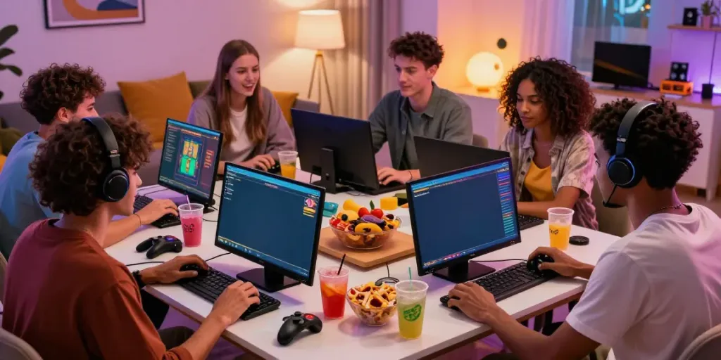 Friends enjoying a rokok88 slot game together during a cozy gaming night.