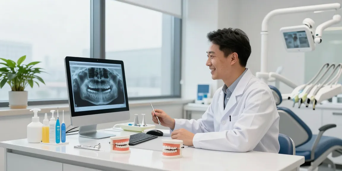 Dental supplies neatly arranged in a modern dental office with a dentist examining x-rays.